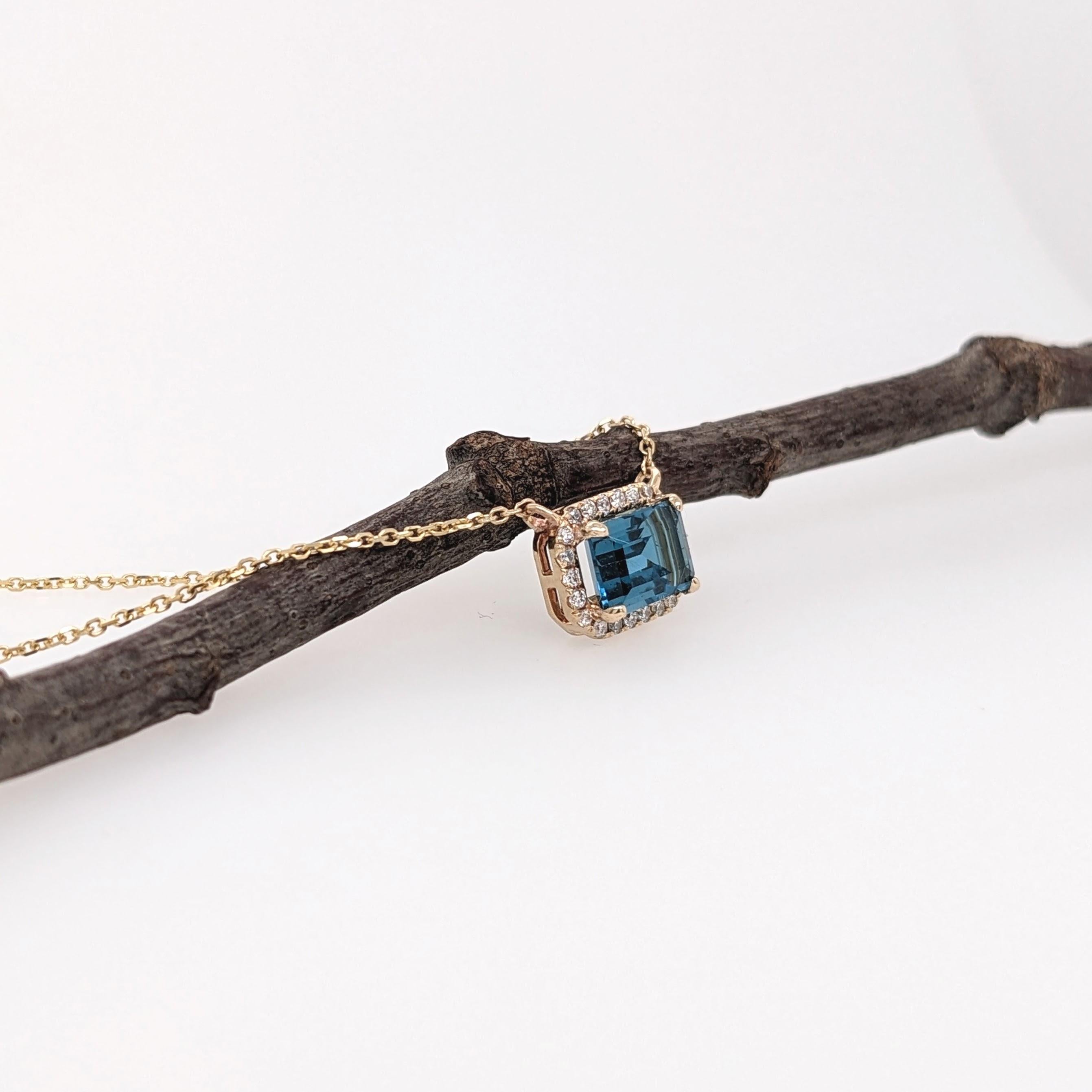 Topaz Necklace w Diamond Halo in Solid 14K Yellow Gold Emerald Cut 7x5mm In New Condition In Columbus, OH