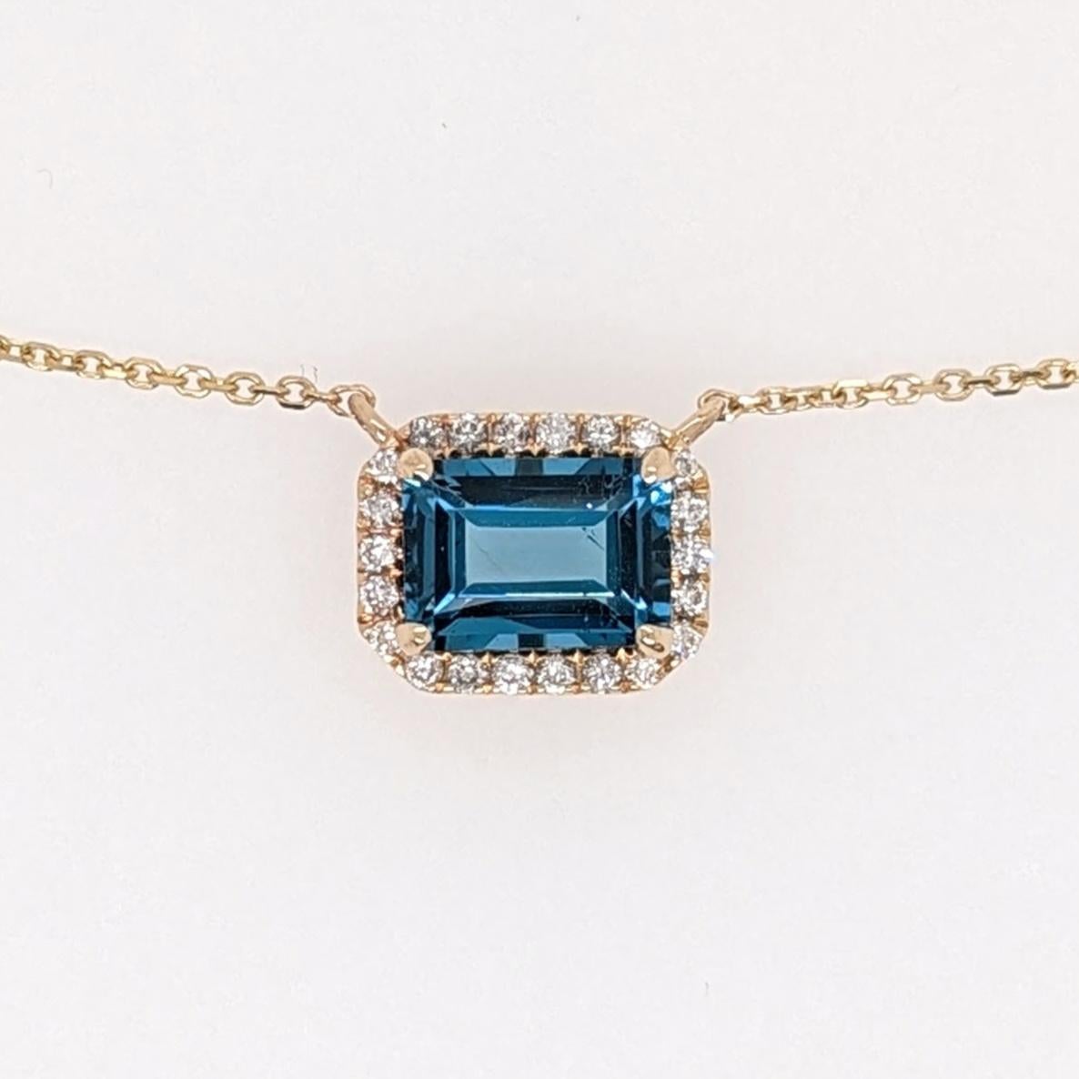 Topaz Necklace w Diamond Halo in Solid 14K Yellow Gold Emerald Cut 7x5mm