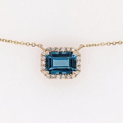 Topaz Necklace w Diamond Halo in Solid 14K Yellow Gold Emerald Cut 7x5mm