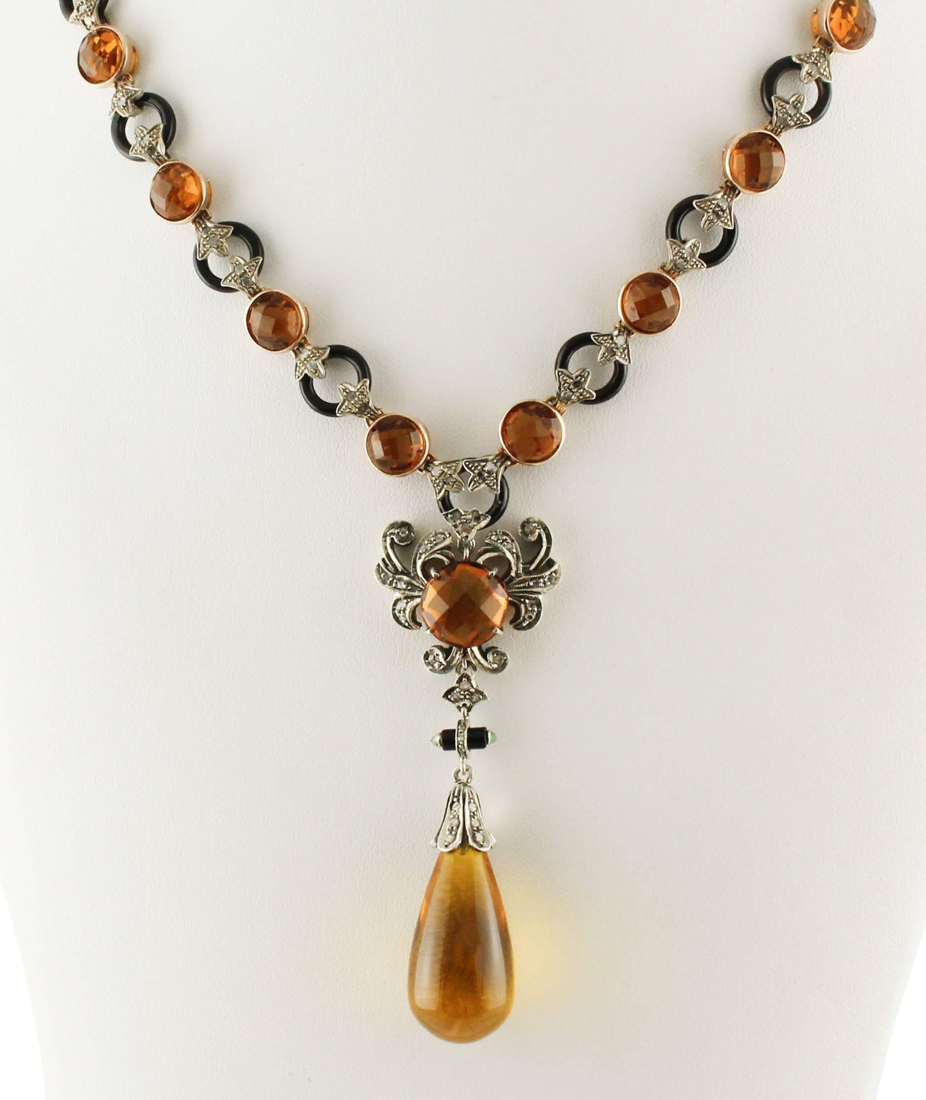Halskette aus Roségold und Silber mit Topas, Onyx, Smaragden, Smaragden und Diamanten (Retro) im Angebot