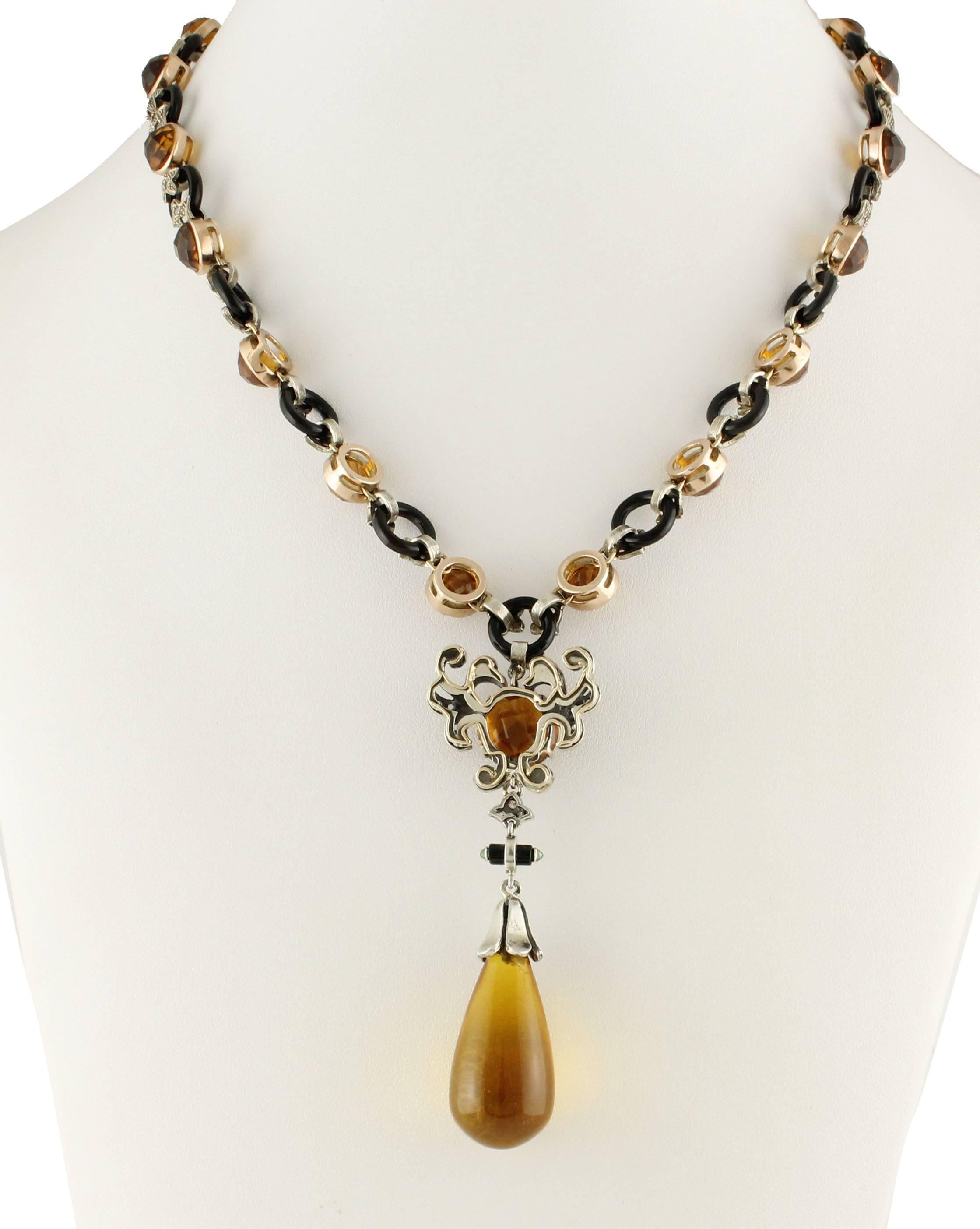 Retro Topaz Onyx Emeralds Diamond Rose Gold and Silver Necklace For Sale