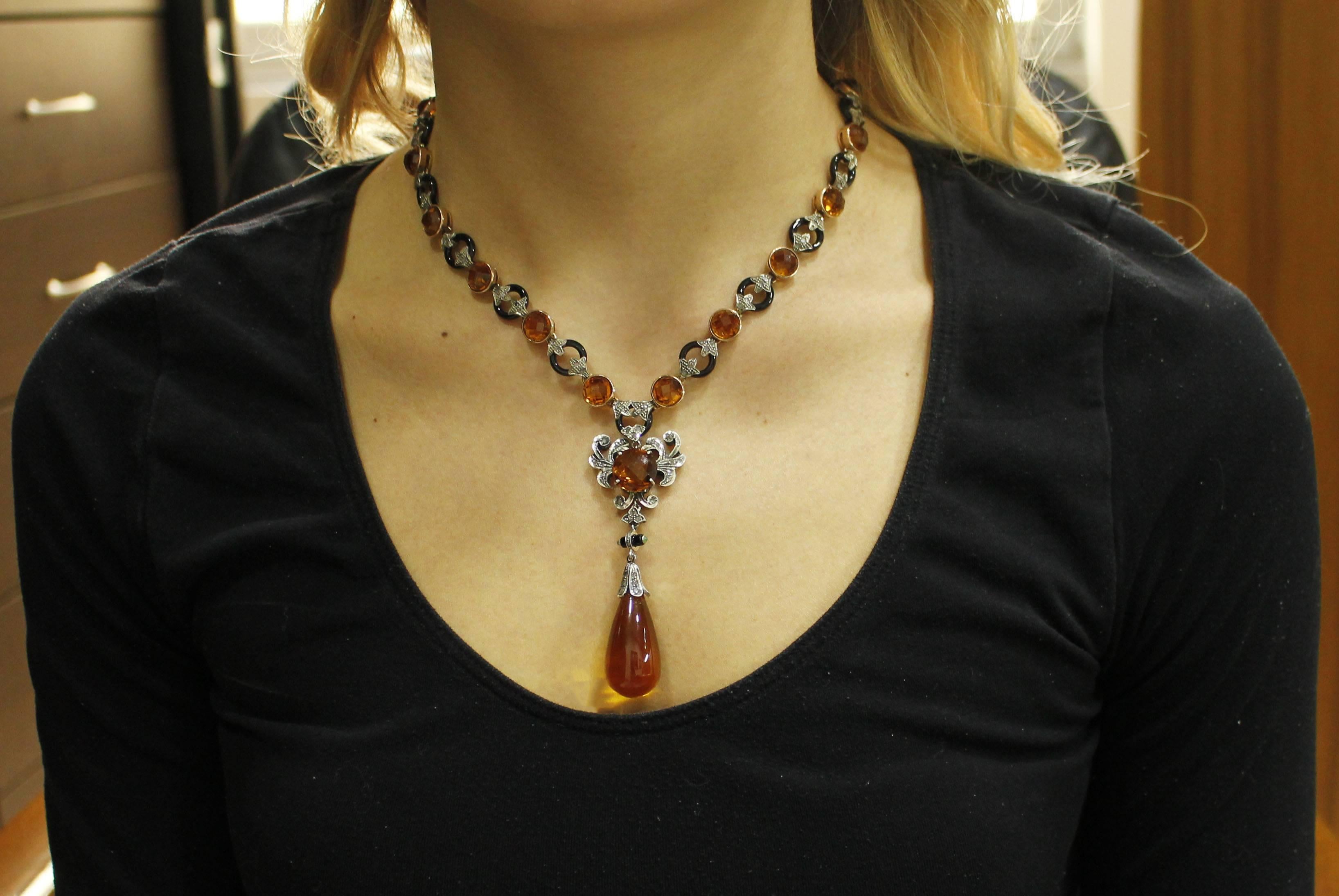 Rose Cut Topaz Onyx Emeralds Diamond Rose Gold and Silver Necklace For Sale