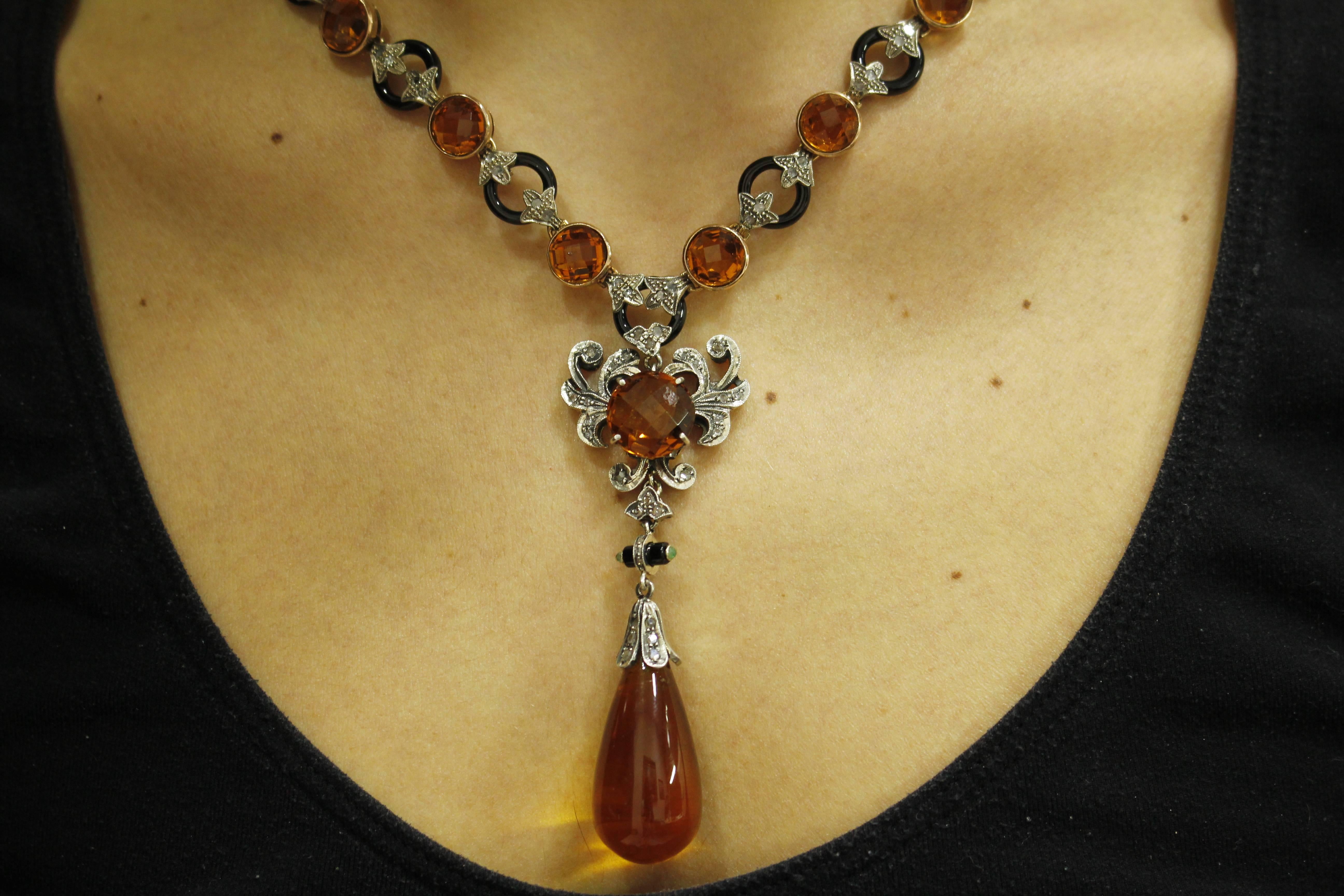 Halskette aus Roségold und Silber mit Topas, Onyx, Smaragden, Smaragden und Diamanten Damen im Angebot