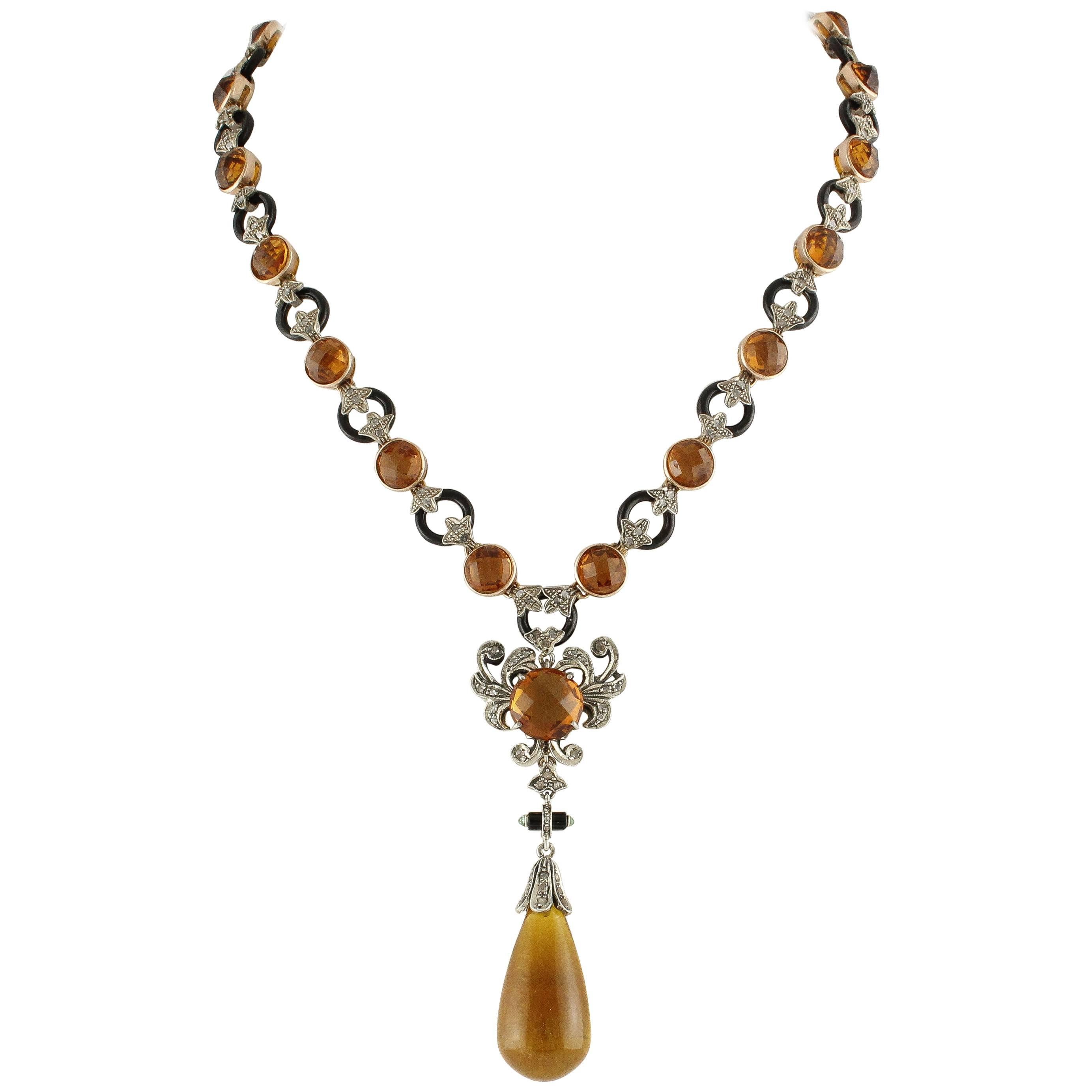 Halskette aus Roségold und Silber mit Topas, Onyx, Smaragden, Smaragden und Diamanten im Angebot
