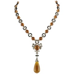 Retro Topaz Onyx Emeralds Diamond Rose Gold and Silver Necklace