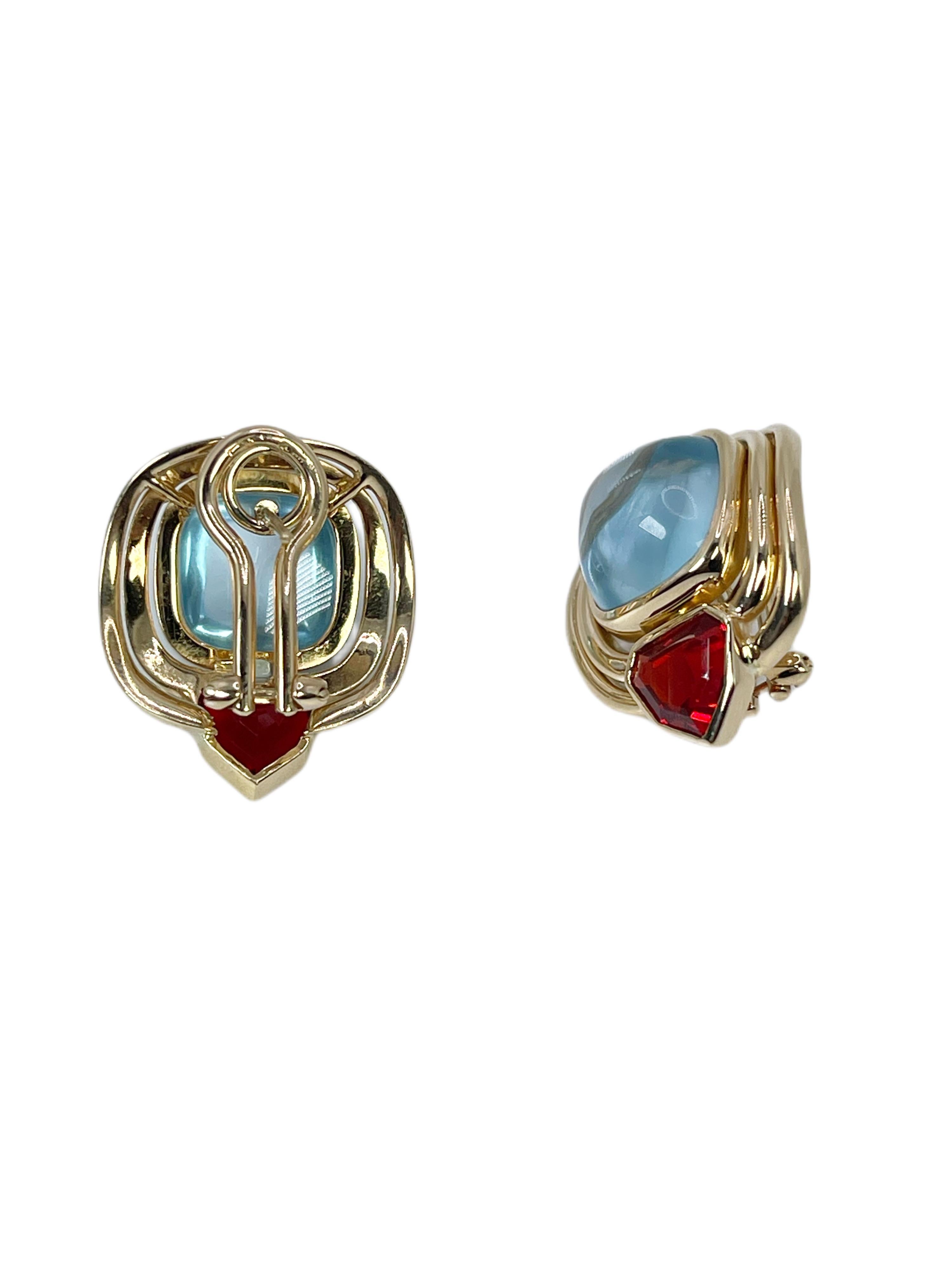 Cabochon Topaz & Opal earrings 18KT yellow gold Vintage clip on omega earrings For Sale