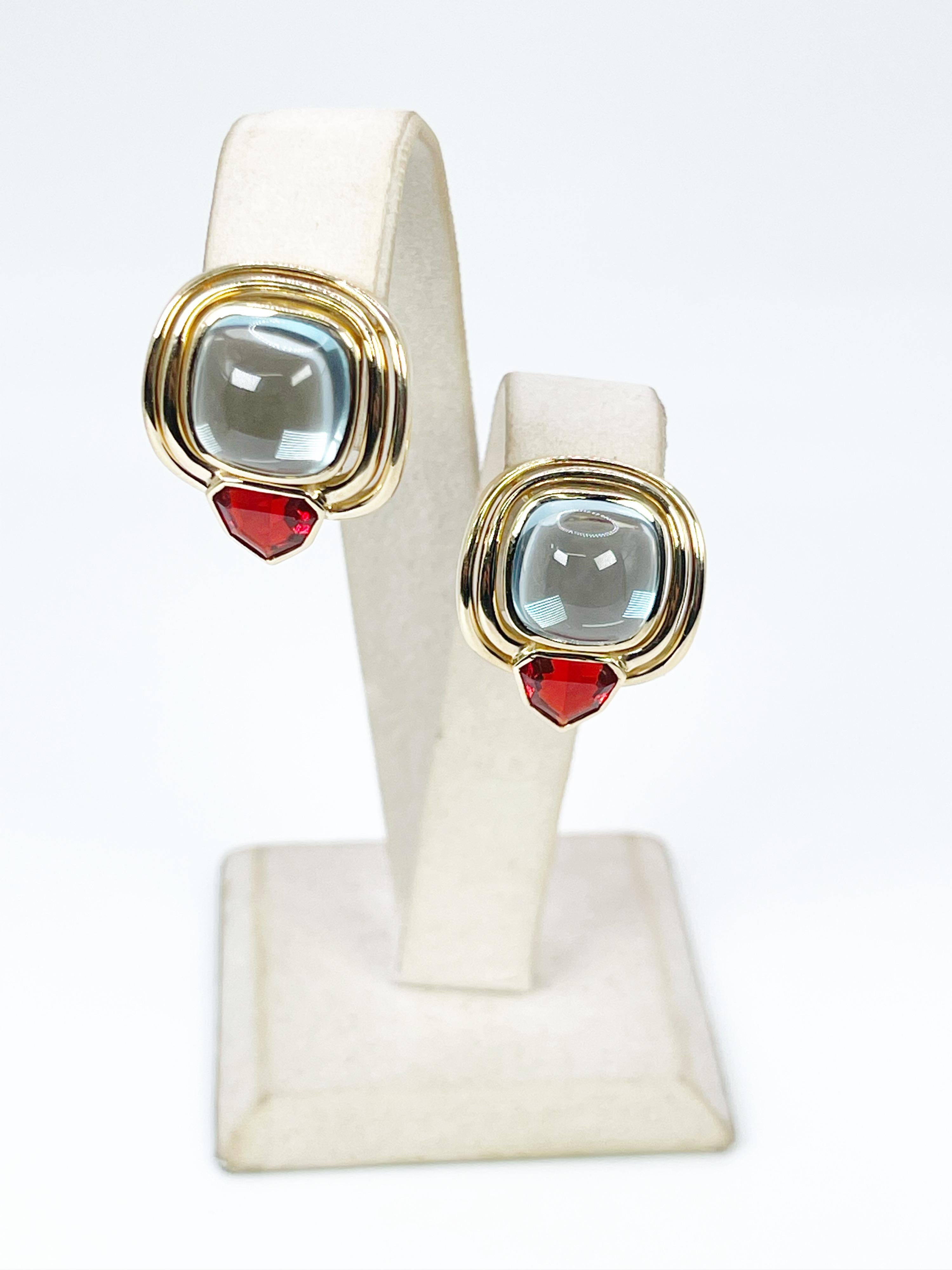 Boucles d'oreilles à clips oméga vintage en or jaune 18 carats avec topaze et opale Unisexe en vente