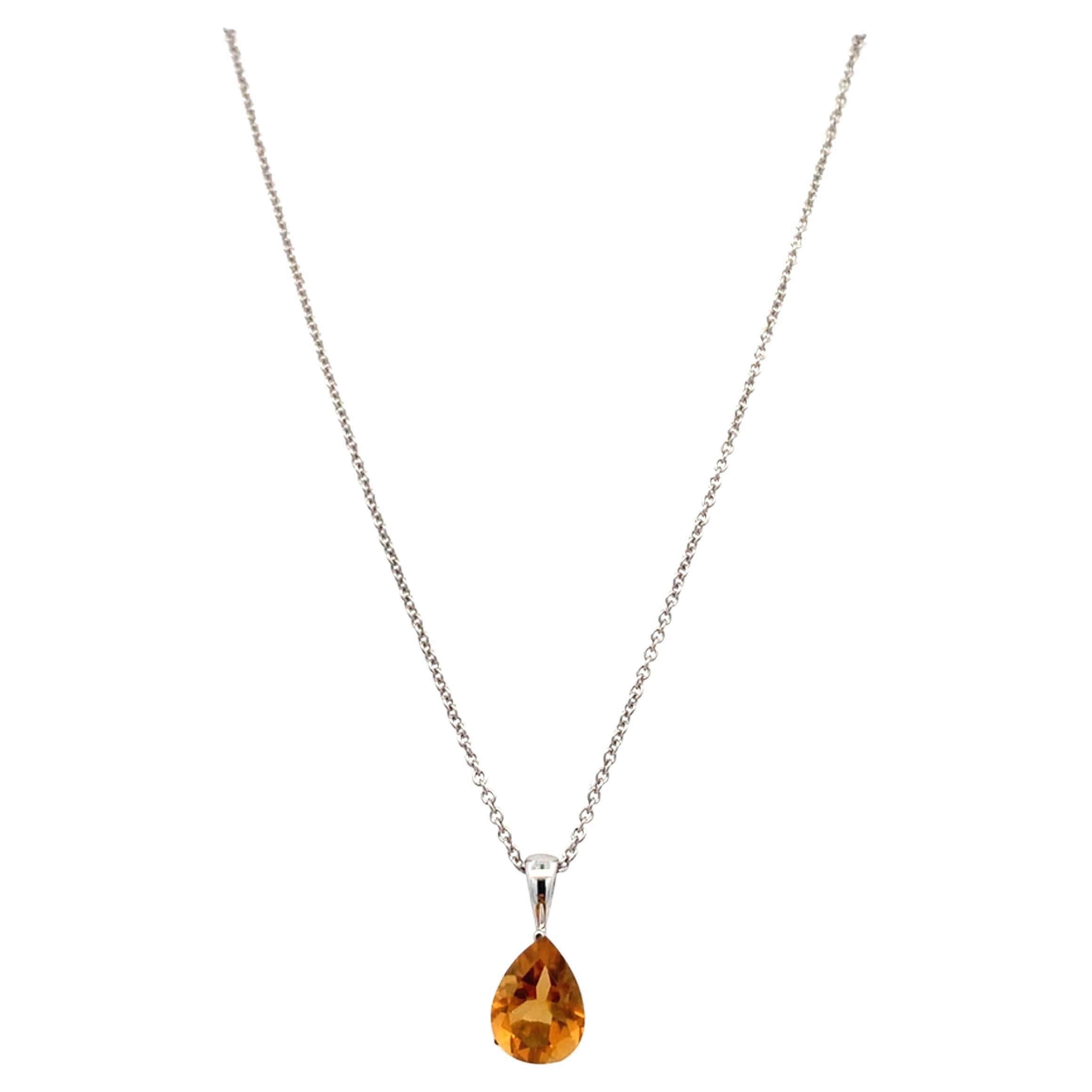 Topaz orange pear shaped pendant necklace 18k white gold For Sale