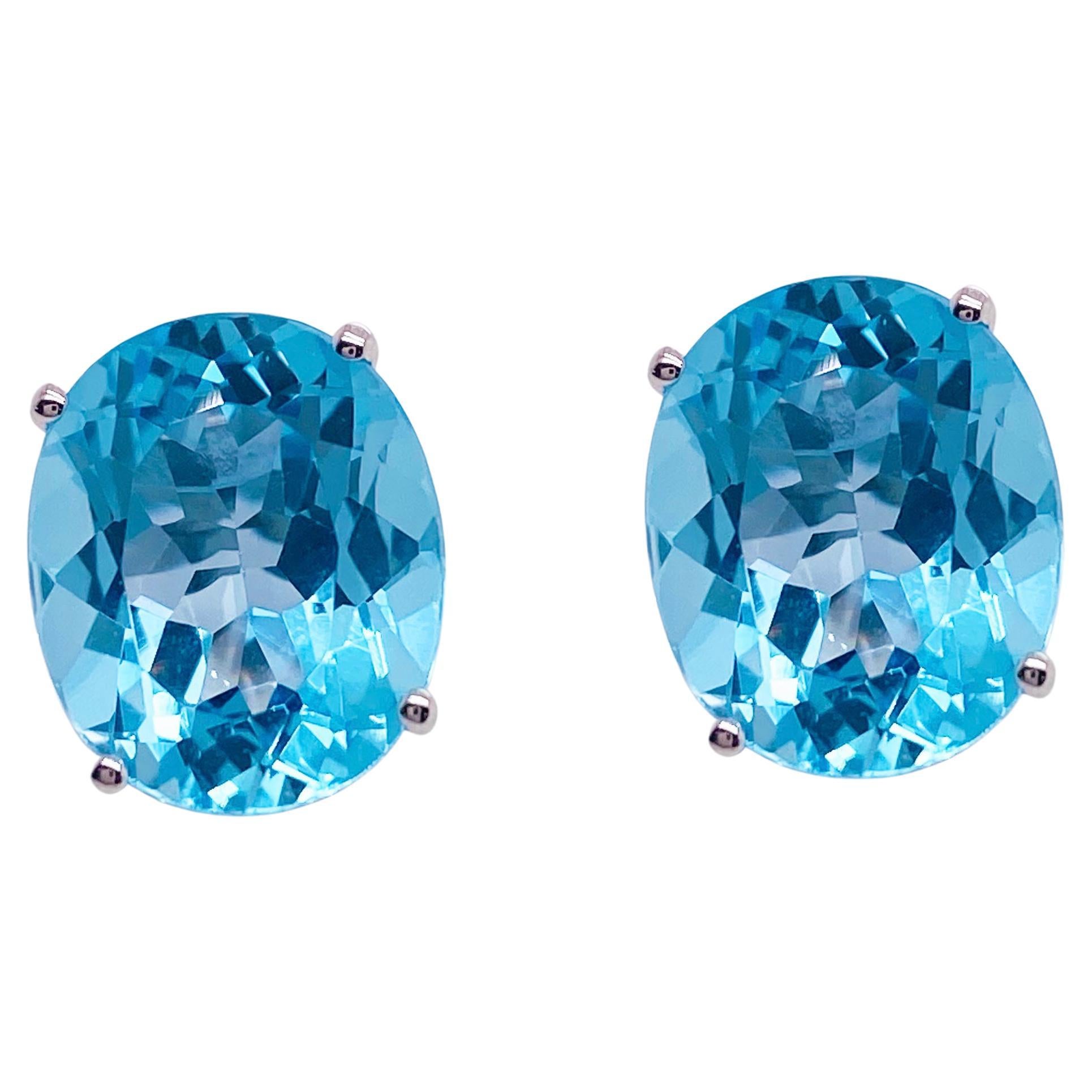 Topaz Oval Stud Earrings in Swiss Blue Color 11.80 Carats in 14k White Gold For Sale