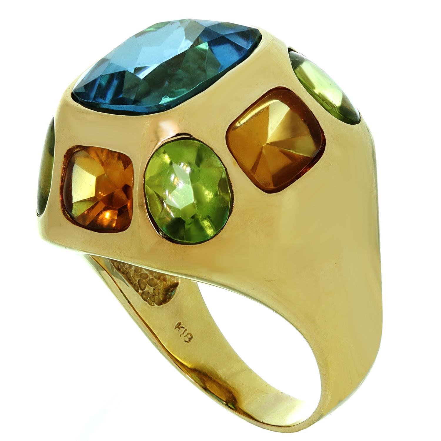 FABULOUS! Topaz Peridot Citrine 18k Solid Yellow Gold Dome Ring In Excellent Condition In New York, NY