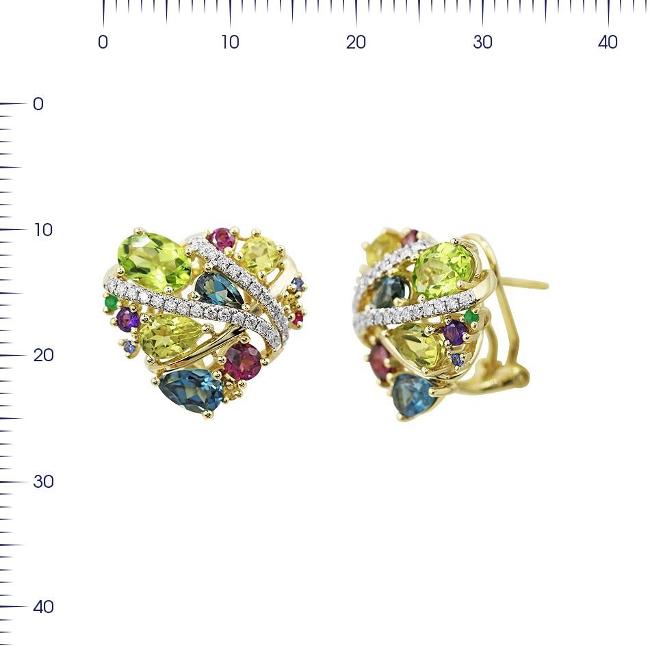 Yellow Gold 14K Earrings 
Weight 8.12 gram
Diamond 54-Round 57 -0,33-4/6A
Sapphire 10-0,1 ct 
Emerald 2-Round-0,03 3/(5)З₁
Tourmaline 4-Round-0,64 2/2A
Topaz 4-1,5 (1)/1A
Quartz 8
Chrysolite

With a heritage of ancient fine Swiss jewelry traditions,