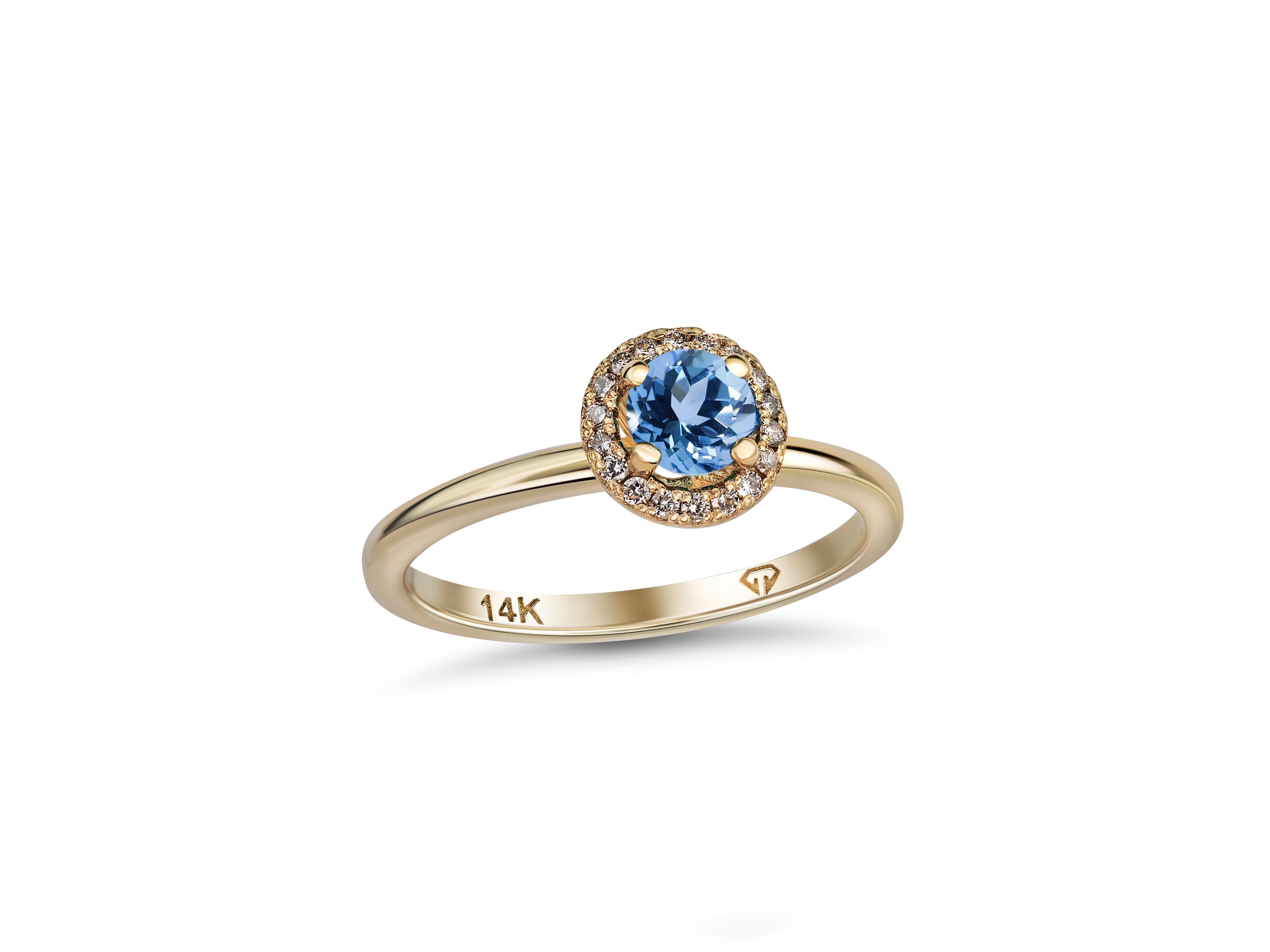 For Sale:  Topaz Ring with Diamonds in 14 Karat Gold, Sky Blue Topaz 14k Gold Ring 8