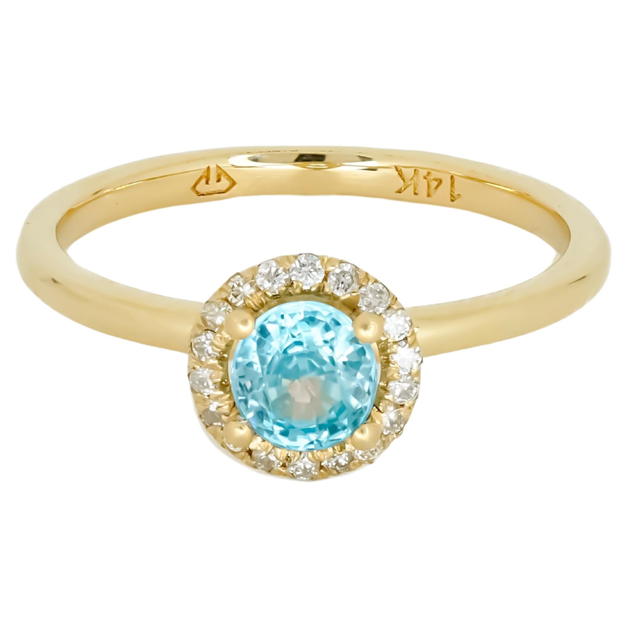 Topas-Ring mit Diamanten aus 14 Karat Gold, Himmelblauer Topas 14k Gold Ring