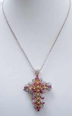 Topaz, Rubies, Diamonds, Rose Gold and Silver Cross Pendant Necklace.