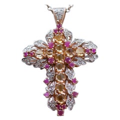 Topaz, Rubies, Diamonds, Rose Gold and Silver Cross Pendant Necklace.
