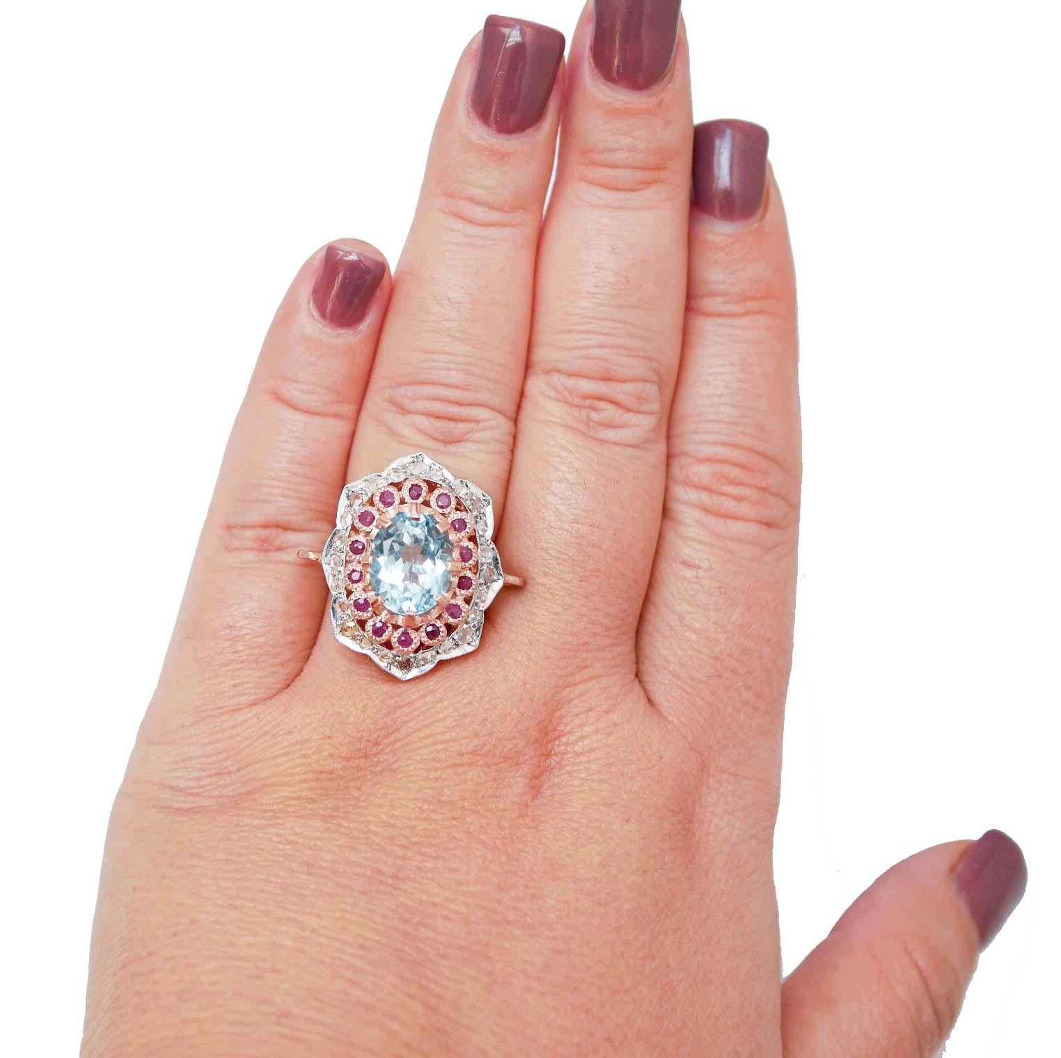 Topacio, Rubíes, Diamantes, Anillo de Oro Rosa y Plata. Corte mixto en venta