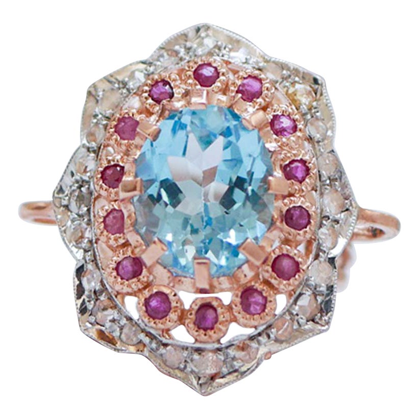 Topacio, Rubíes, Diamantes, Anillo de Oro Rosa y Plata. en venta