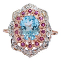Topacio, Rubíes, Diamantes, Anillo de Oro Rosa y Plata.