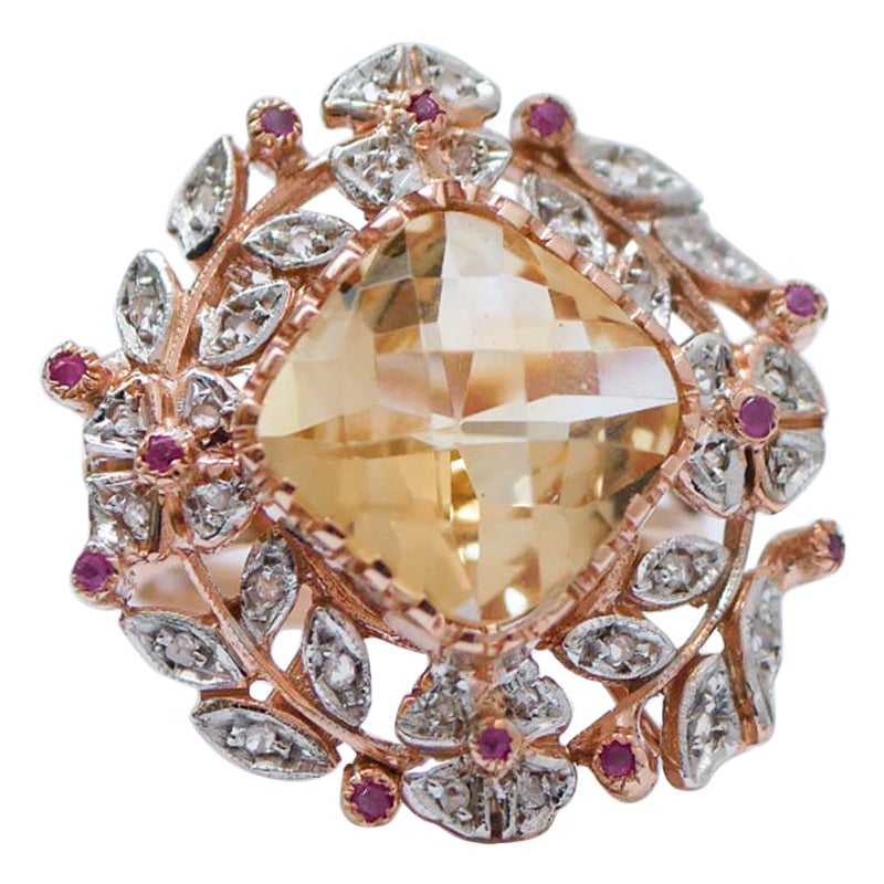 Topaze, rubis, diamants, bague en or rose et argent.