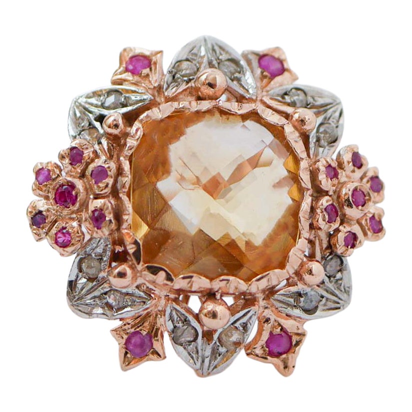 Topaze, rubis, diamants, bague en or rose et argent. en vente