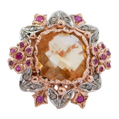 Topas, Rubine, Diamanten, Rose Gold und Silber Ring.