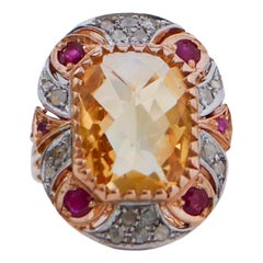 Topaze, rubis, diamants, bague en or rose et argent.