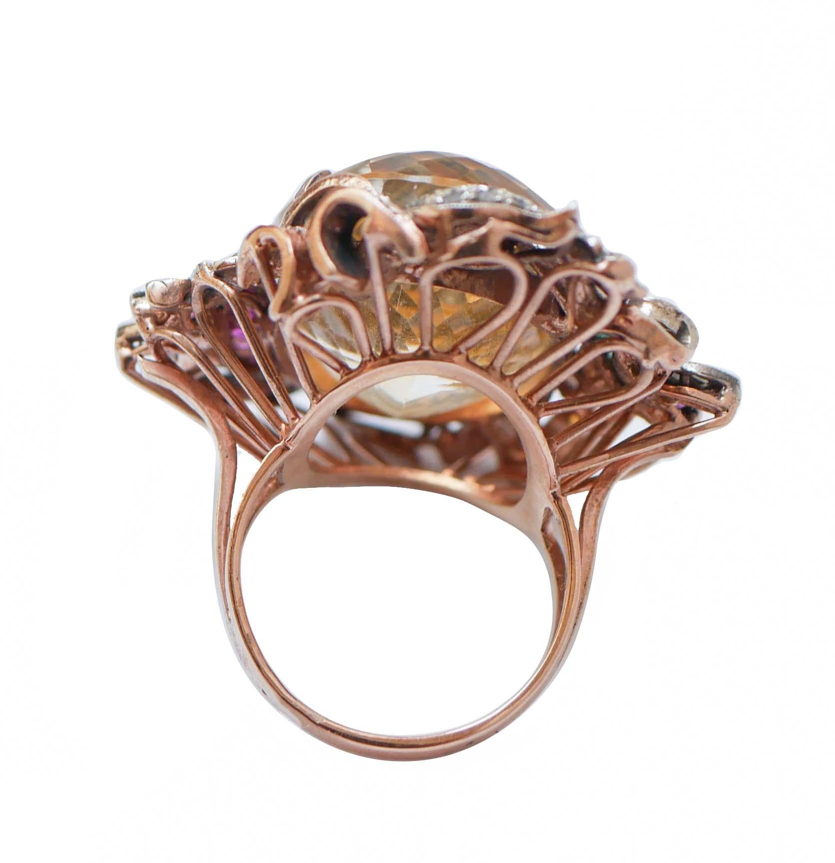 Retro Topaz, Rubies, Emeralds, Sapphires, Diamonds, Rose Gold and Silver Ring. For Sale