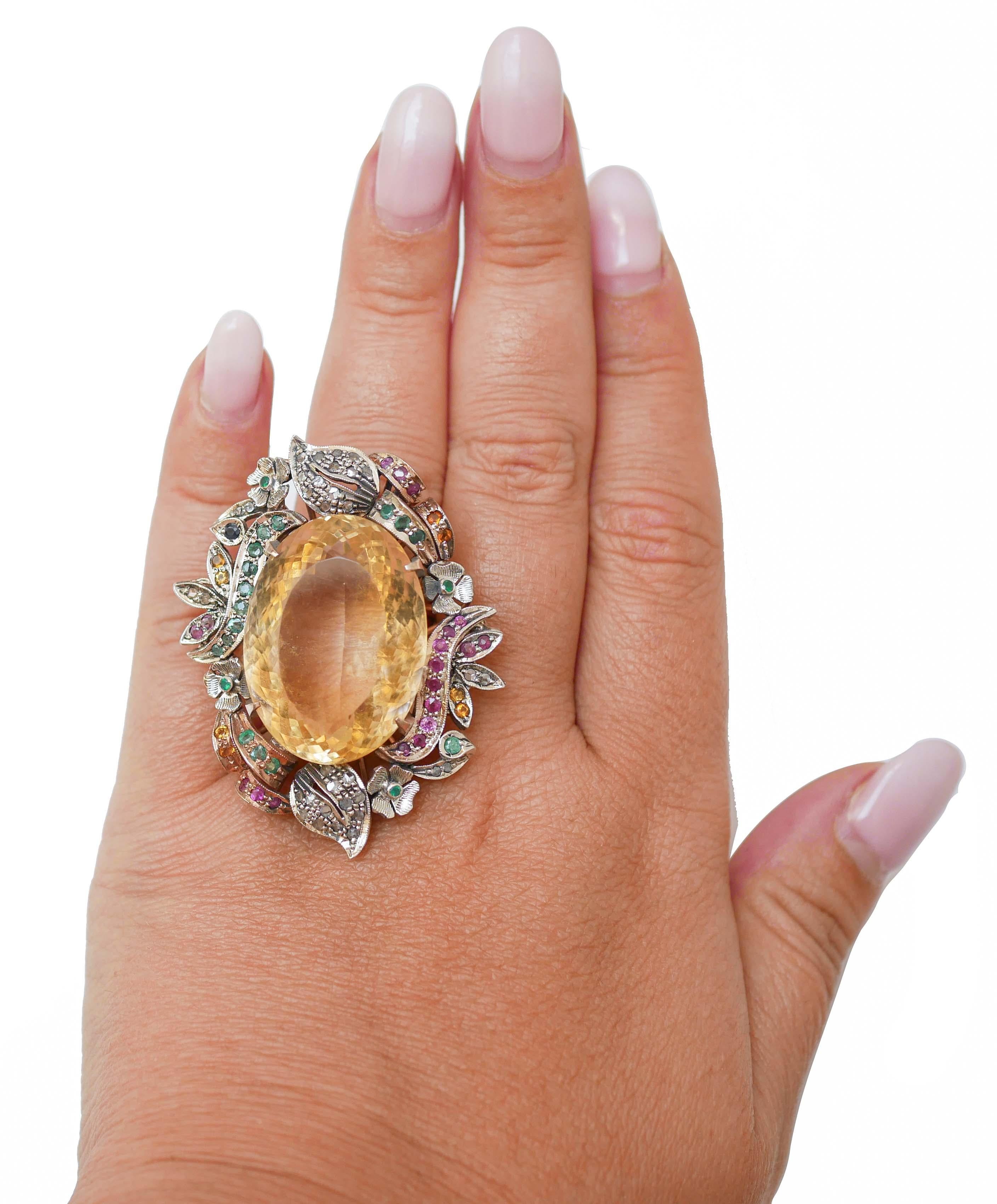 Mixed Cut Topaz, Rubies, Emeralds, Sapphires, Diamonds, Rose Gold and Silver Ring. For Sale