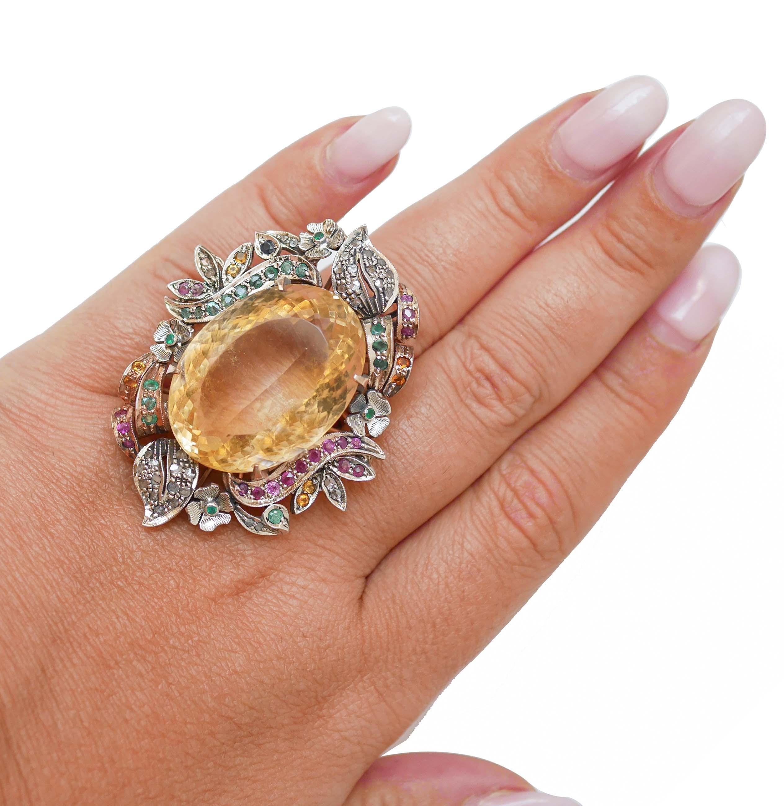 Topaz, Rubies, Emeralds, Sapphires, Diamonds, Rose Gold and Silver Ring. In Good Condition For Sale In Marcianise, Marcianise (CE)