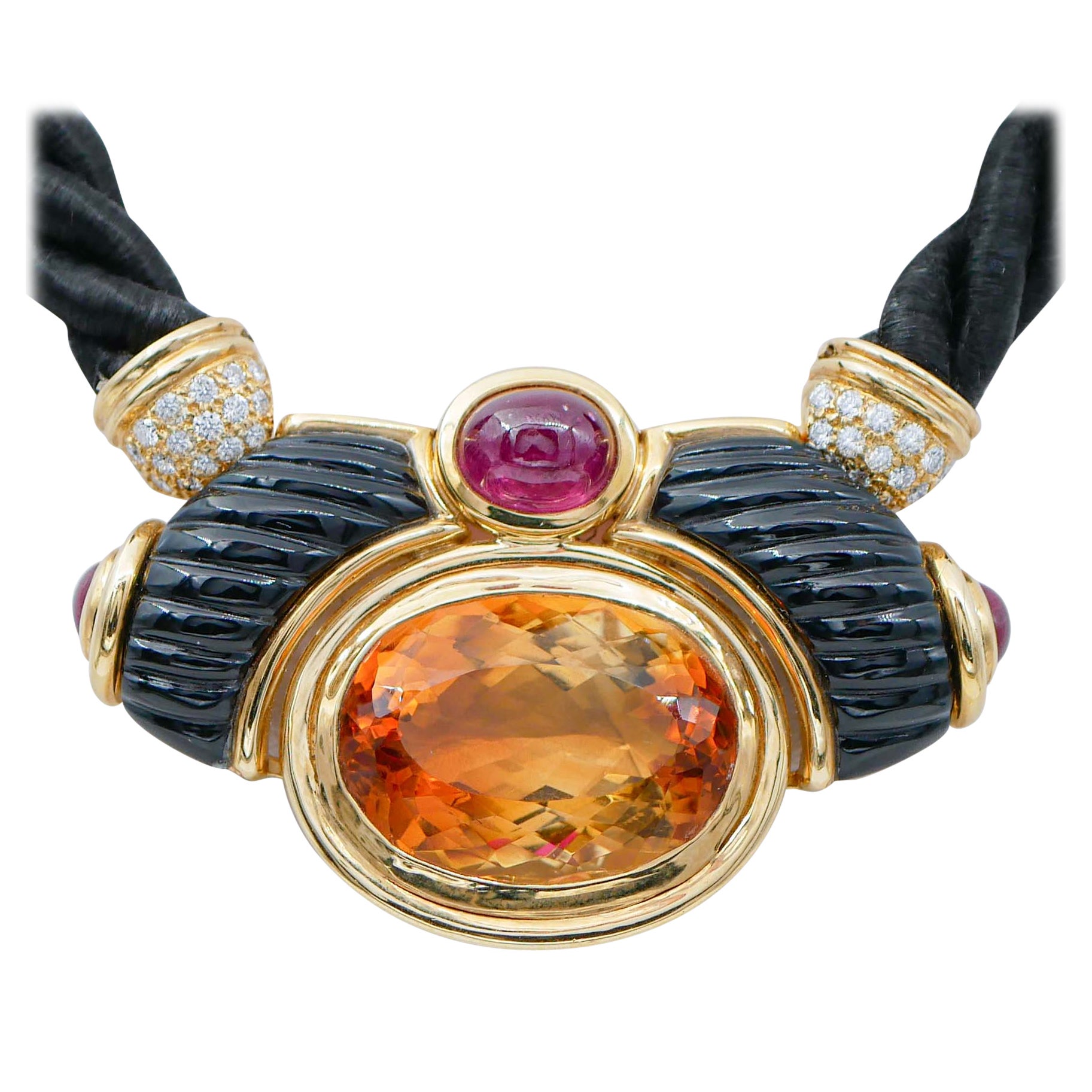 Topaz, Ruby, Diamonds, Onyx, 18 Karat Yellow Gold Necklace