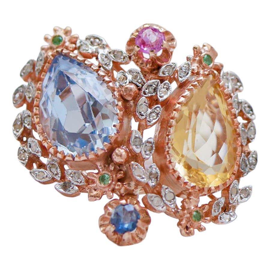 Topaz, Ruby, Sapphire, Tsavorite, Diamonds, Rose Gold and Silver Ring. For Sale