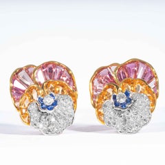 Topaz, Sapphire and Diamond Pansy Clip Earrings, Signed Oscar Heyman Brothers