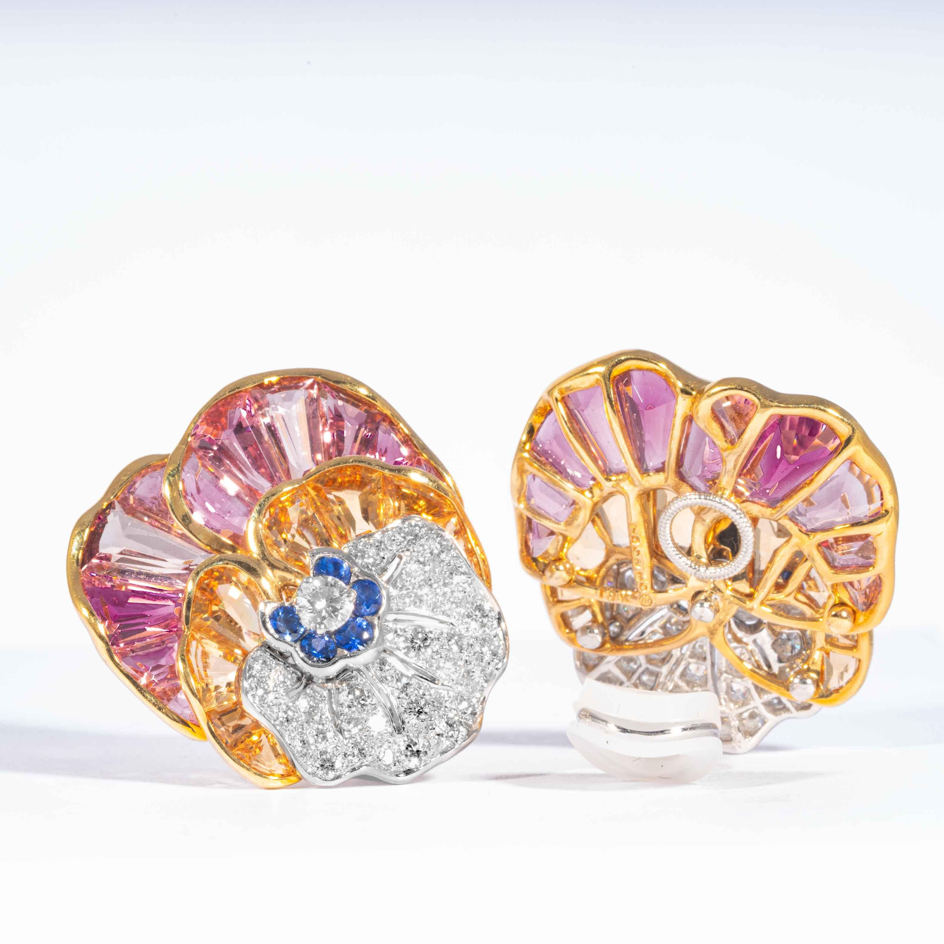Brilliant Cut Topaz, Sapphire and Diamond Pansy Clip Earrings, Signed Oscar Heyman Brothers For Sale