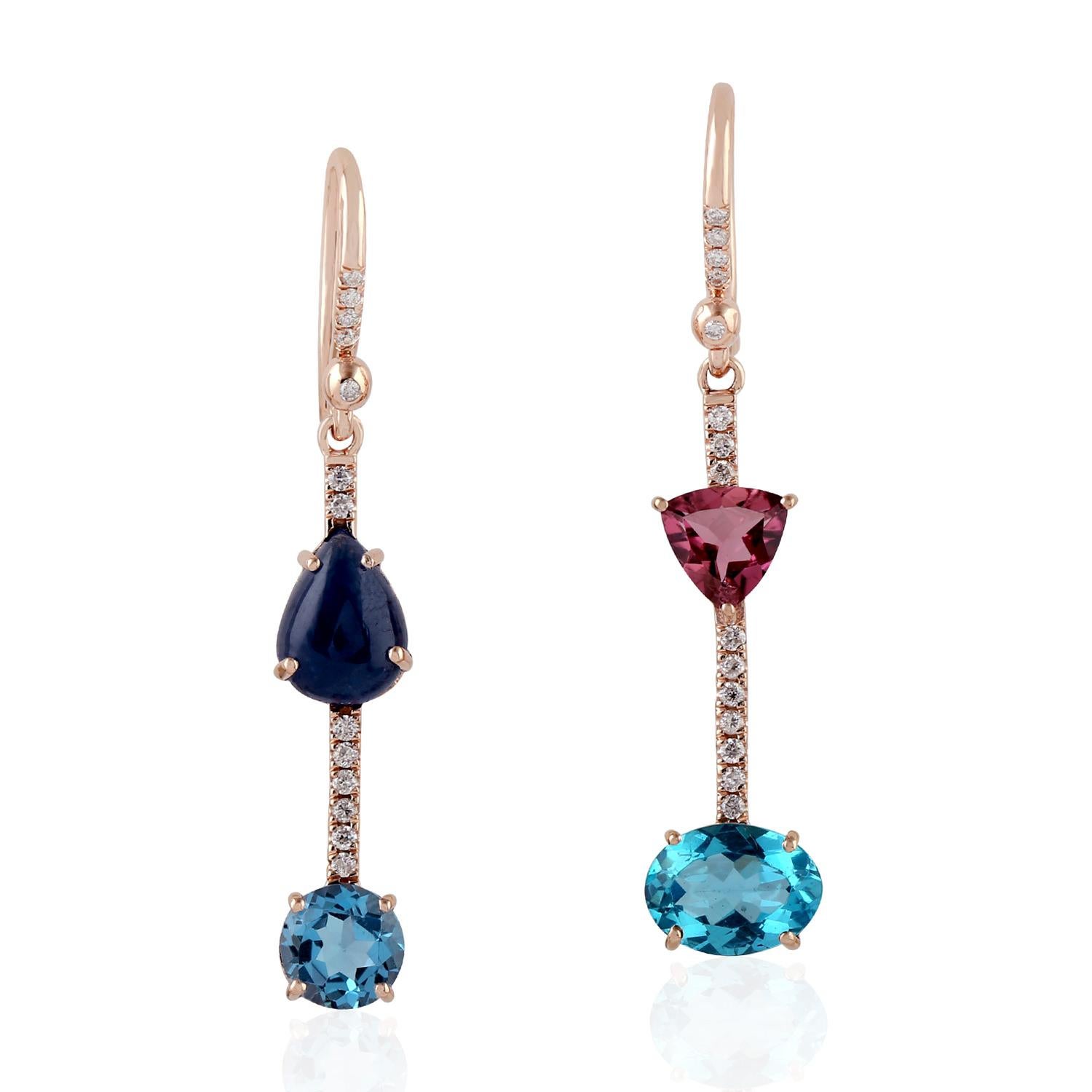 Mixed Cut Topaz Sapphire Apatite Diamond 18 Karat Gold Linear Earrings For Sale