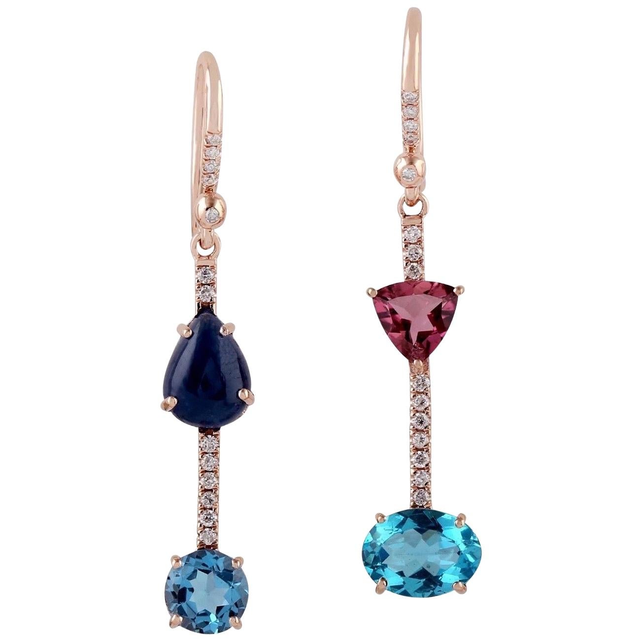Topaz Sapphire Apatite Diamond 18 Karat Gold Linear Earrings For Sale