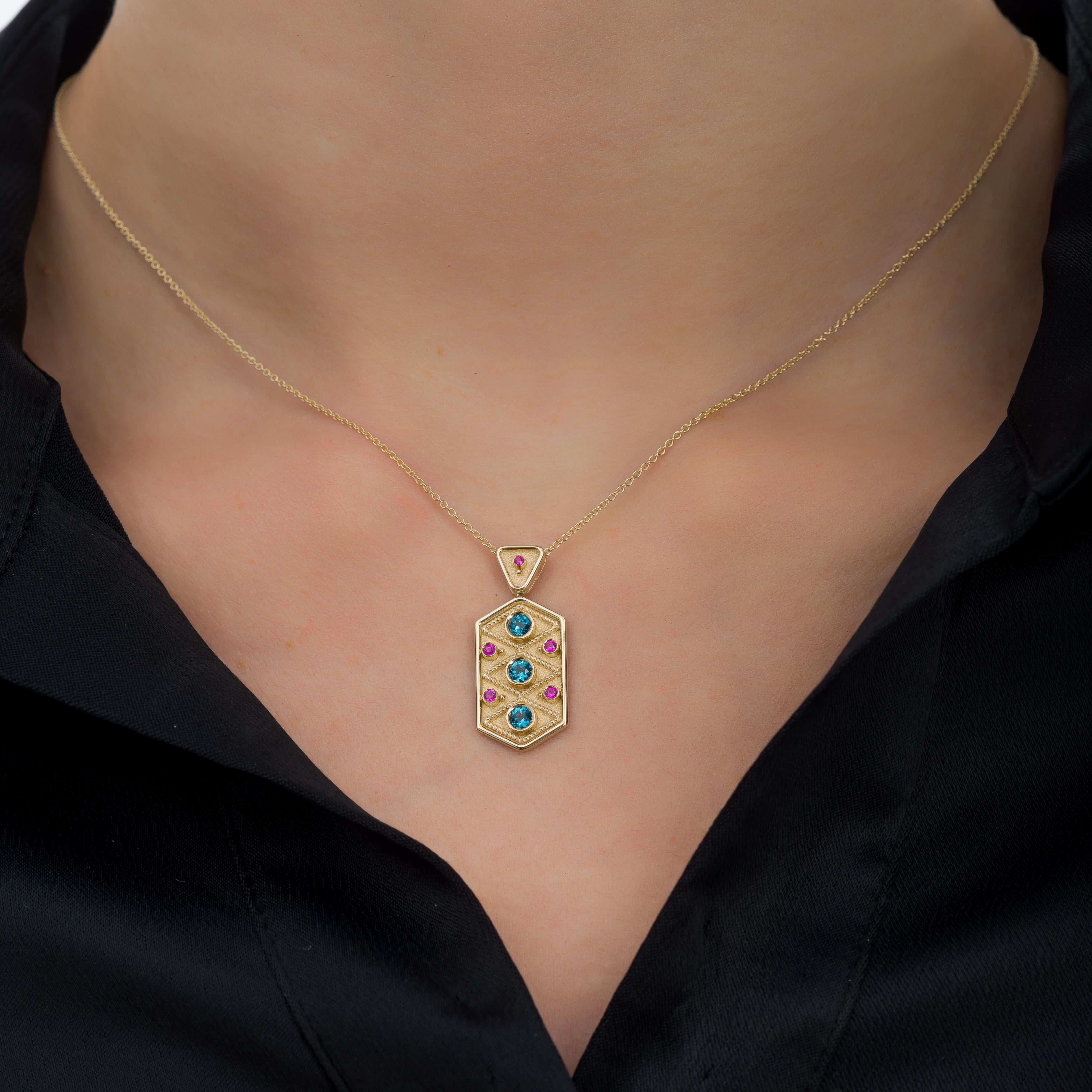 Women's or Men's Topaz Sapphire Byzantine Gold Pendant For Sale