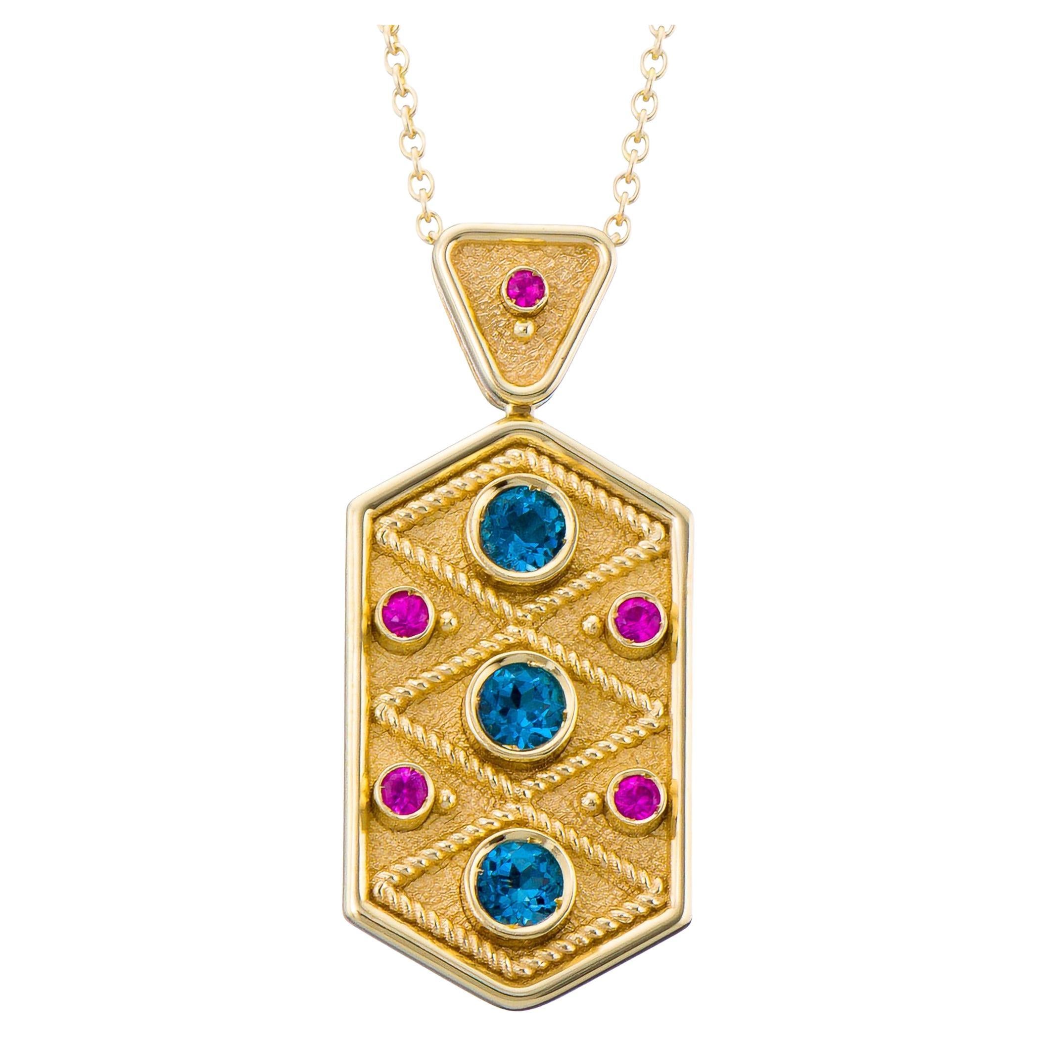 Topaz Sapphire Byzantine Gold Pendant For Sale