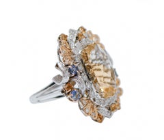 Topaz, Sapphires, Diamonds, 14 Karat White Gold and Rose Gold Ring.