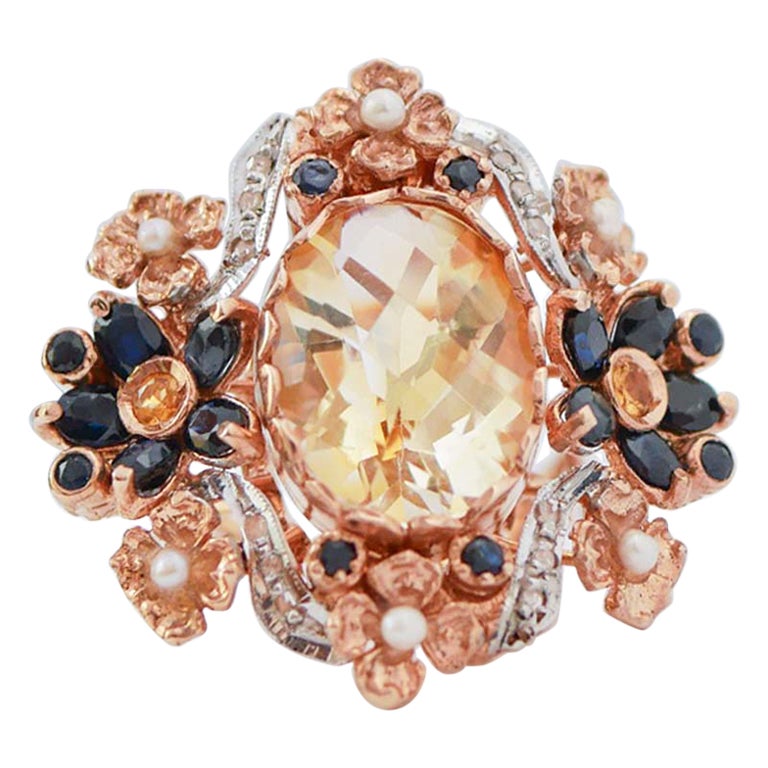 Topaz, Sapphires, Diamonds, Pearls, Rose Gold and Silver Ring. For Sale