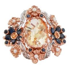 Topaz, Sapphires, Diamonds, Pearls, Rose Gold and Silver Ring.