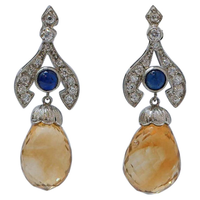 Topaz, Sapphires, Diamonds, Platinum Earrings. en venta