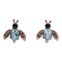 Topazio, zaffiri, diamanti, orecchini a mosca in oro rosa e argento.