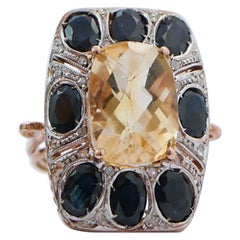Topaz, Sapphires, Diamonds, Rose Gold and Silver Ring.