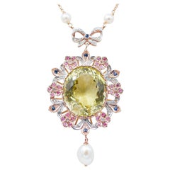 Topaz, Sapphires, Rubies, Onyx, Pearls, Diamonds, 14Kt  Gold and Silver Necklace