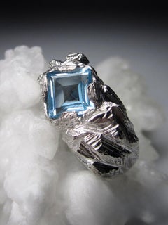 Topaz Silver Ring Mens Natural Sky Blue Square Shaped Chunky Gemstone