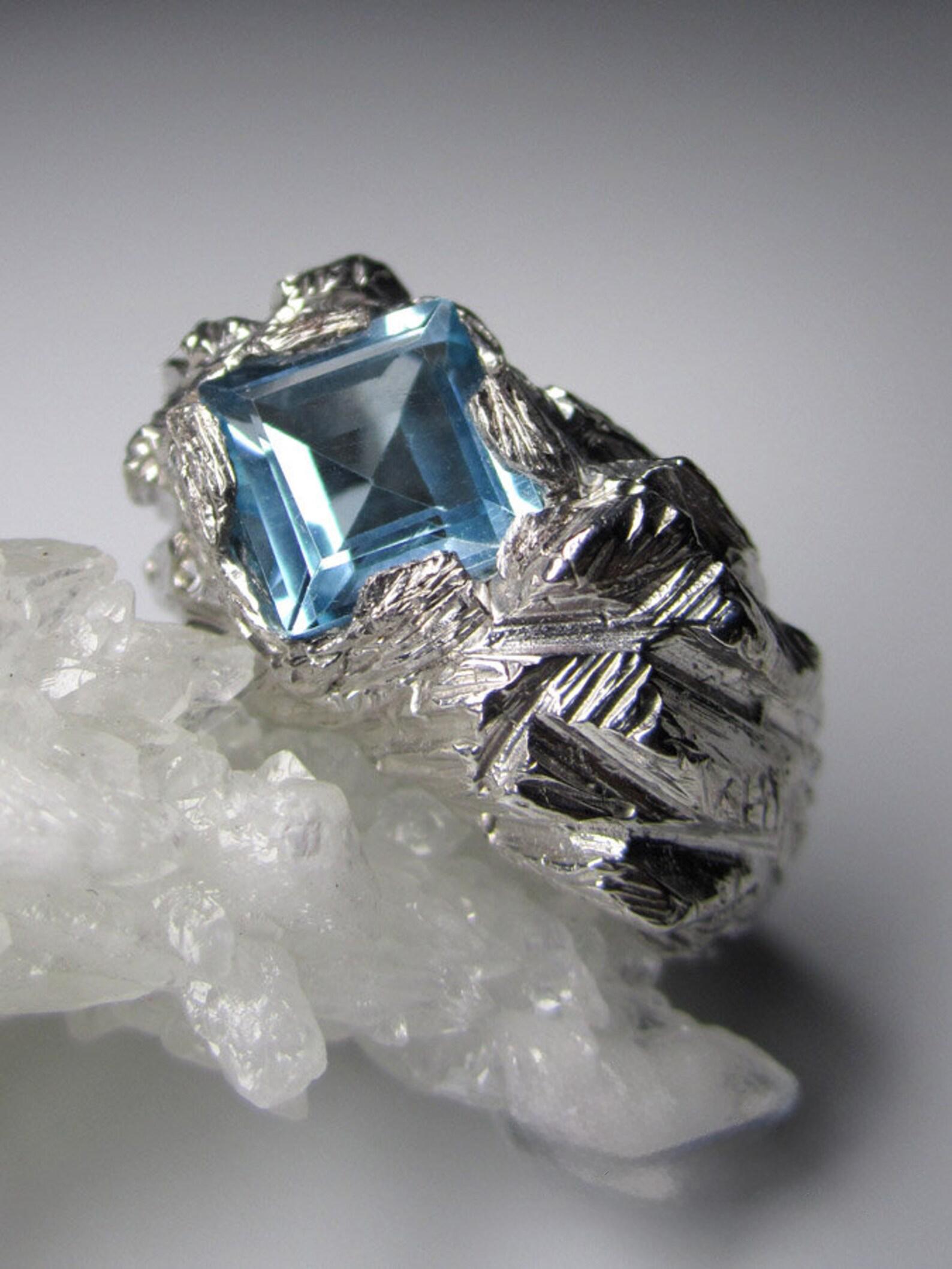 Topaz Silver Ring Mens Natural Sky Blue Square Shaped Chunky Gemstone (bague en argent pour homme) Unisexe en vente