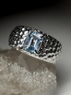 Topaz Silver Ring Natural Blue Eye Clean Octagon Cut Brazilian Gemstone
