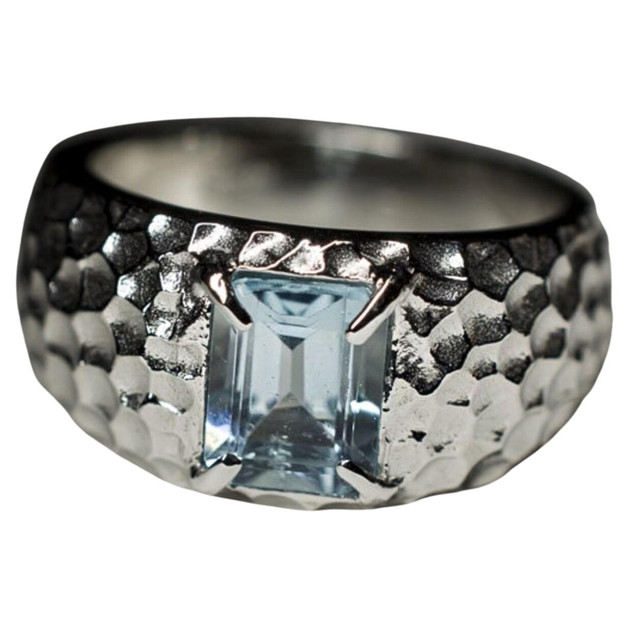 Topaz Silver Ring Natural Blue Eye Clean Octagon Cut Brazilian Gemstone  For Sale