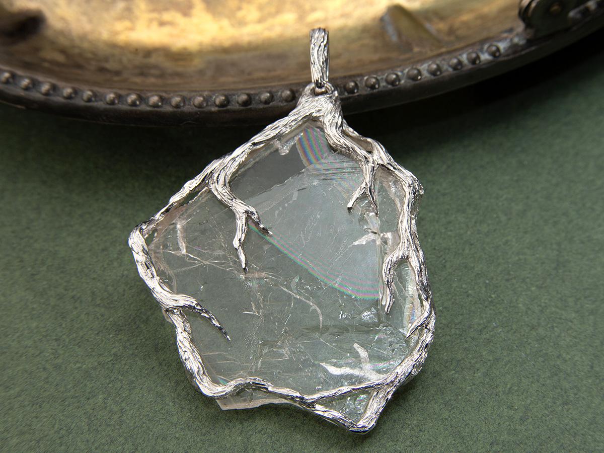 Topaz Slice Silver Pendant Natural Crystal Clear Transparent Raw Gemstone For Sale 4