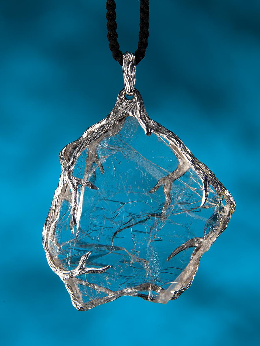 Artisan Topaz Slice Silver Pendant Natural Crystal Clear Transparent Raw Gemstone For Sale